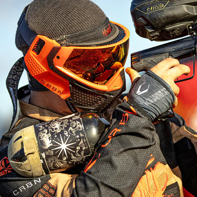 Paintball Mask sighting down a paintball gun