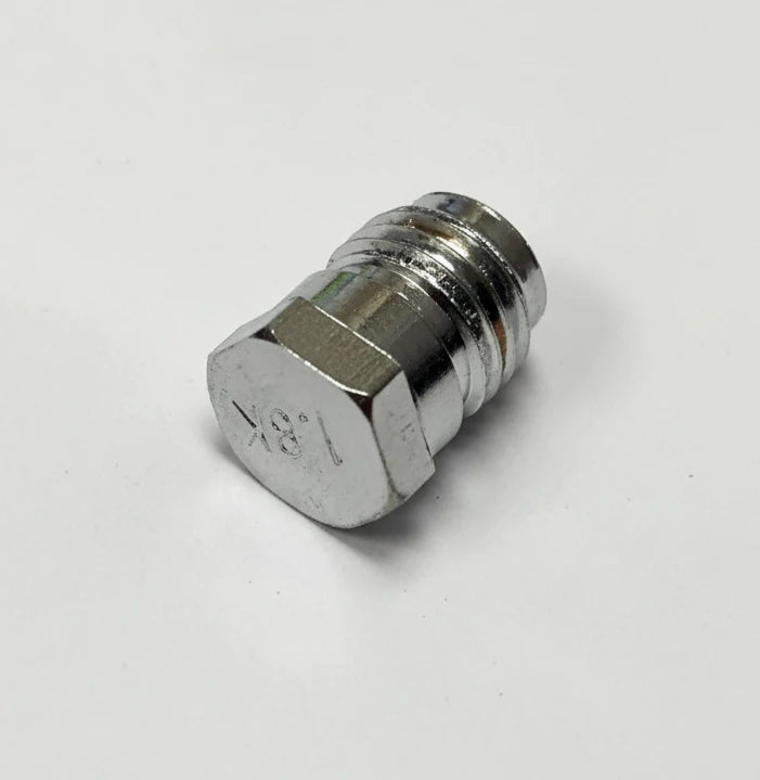 A small metallic silver threaded adapter or connector piece, photographed on a plain light gray background.