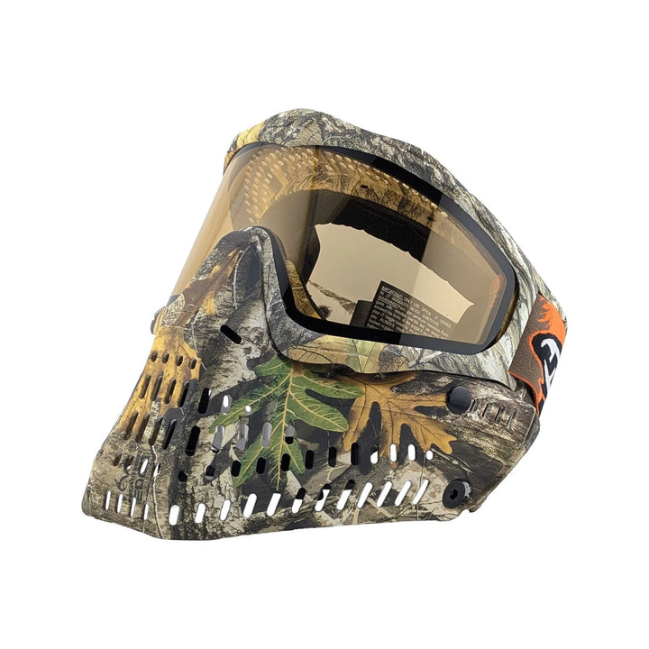 Camouflage-patterned face mask with clear visor on a white background