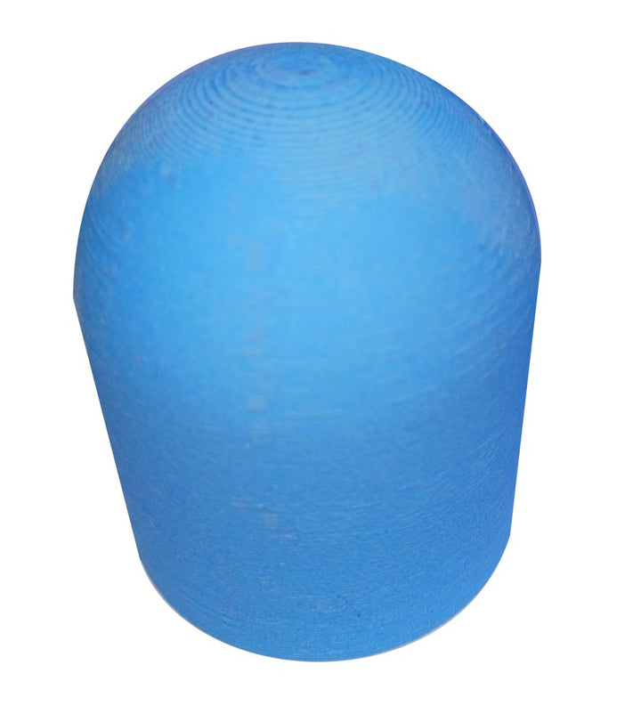 A bright blue cylindrical cap with a ribbed or textured surface, shown against a plain white background.