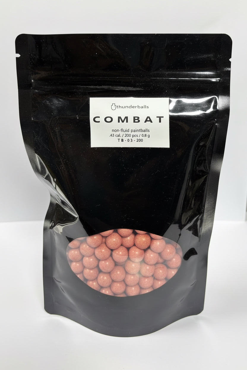 A black stand-up pouch of Combat .43 powderballs by Thunderballs