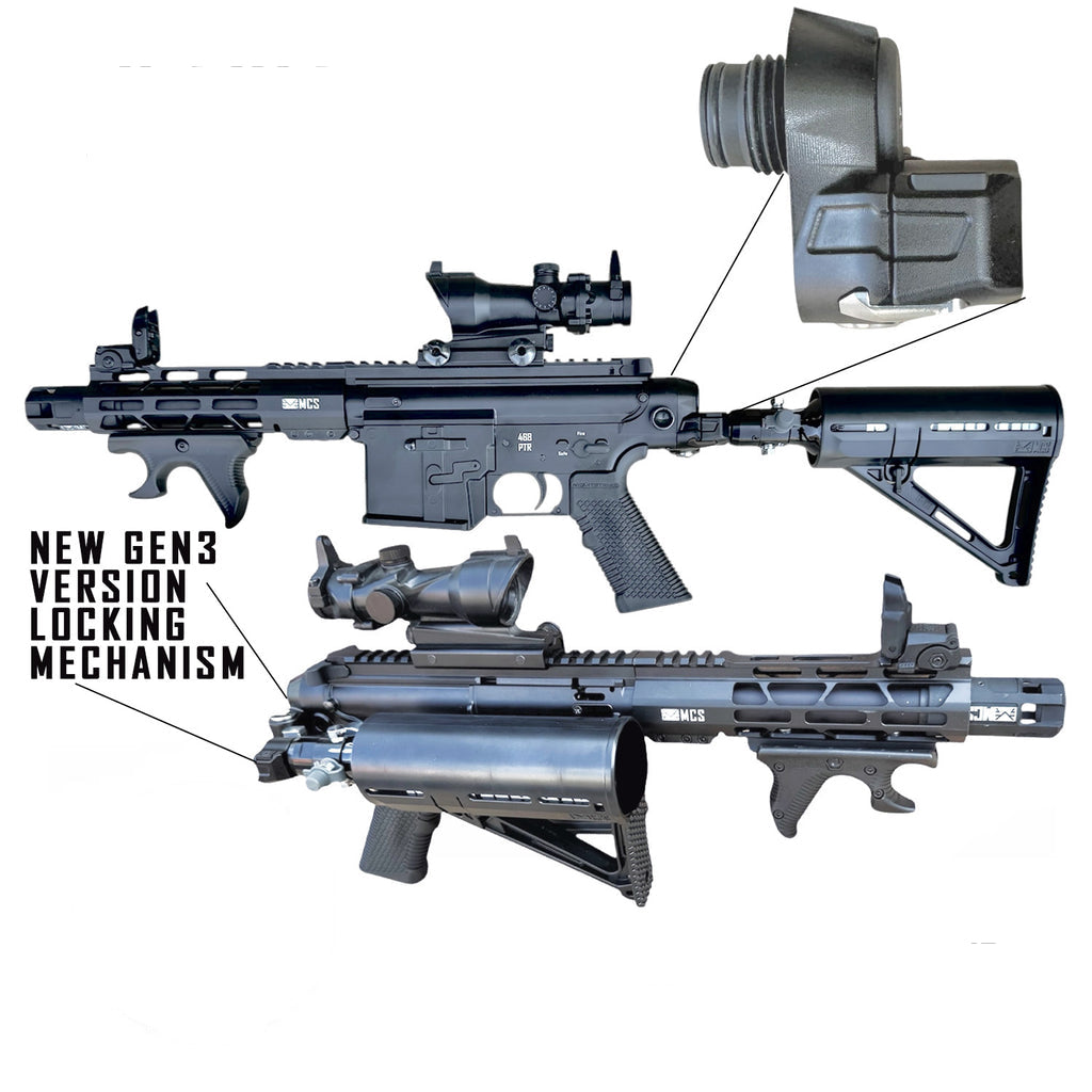 Black folding air adapter kit shown with two rifle mockups, callout lines pointing to the adapter and lock mechanism, and text reading '468 FOLDING AIR ADAPTER', 'NEW GEN3 VERSION LOCKING MECHANISM', and 'MCSUS.COM'.