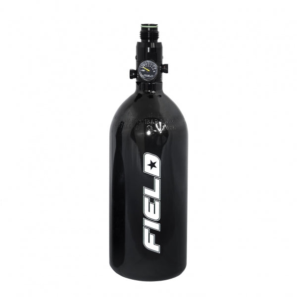 Black paintball air tank with 'FIELD' branding on a white background