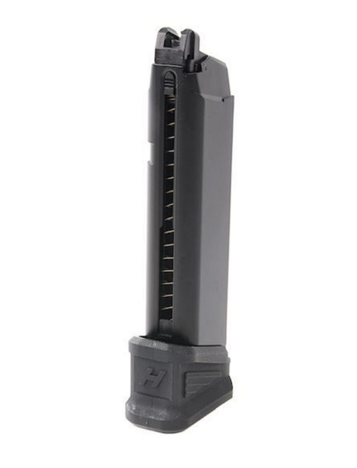 the DP17 Magazine Gas  from WE Airsoft is black alloy and holds 26 BB rounds 