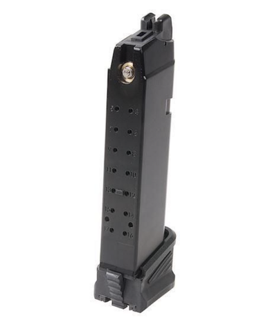 Rear view of  DP17 Magazine Gas  from WE Airsoft is black alloy and holds 26 BB rounds 