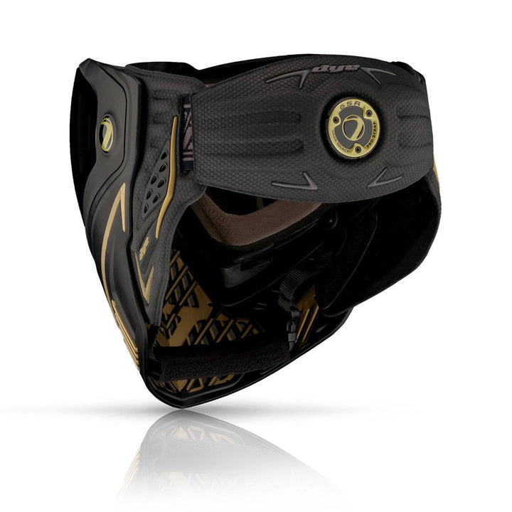 Black & Gold Dye I5 Pro Paintball and Airsoft Mask detailing GSR pro-strap