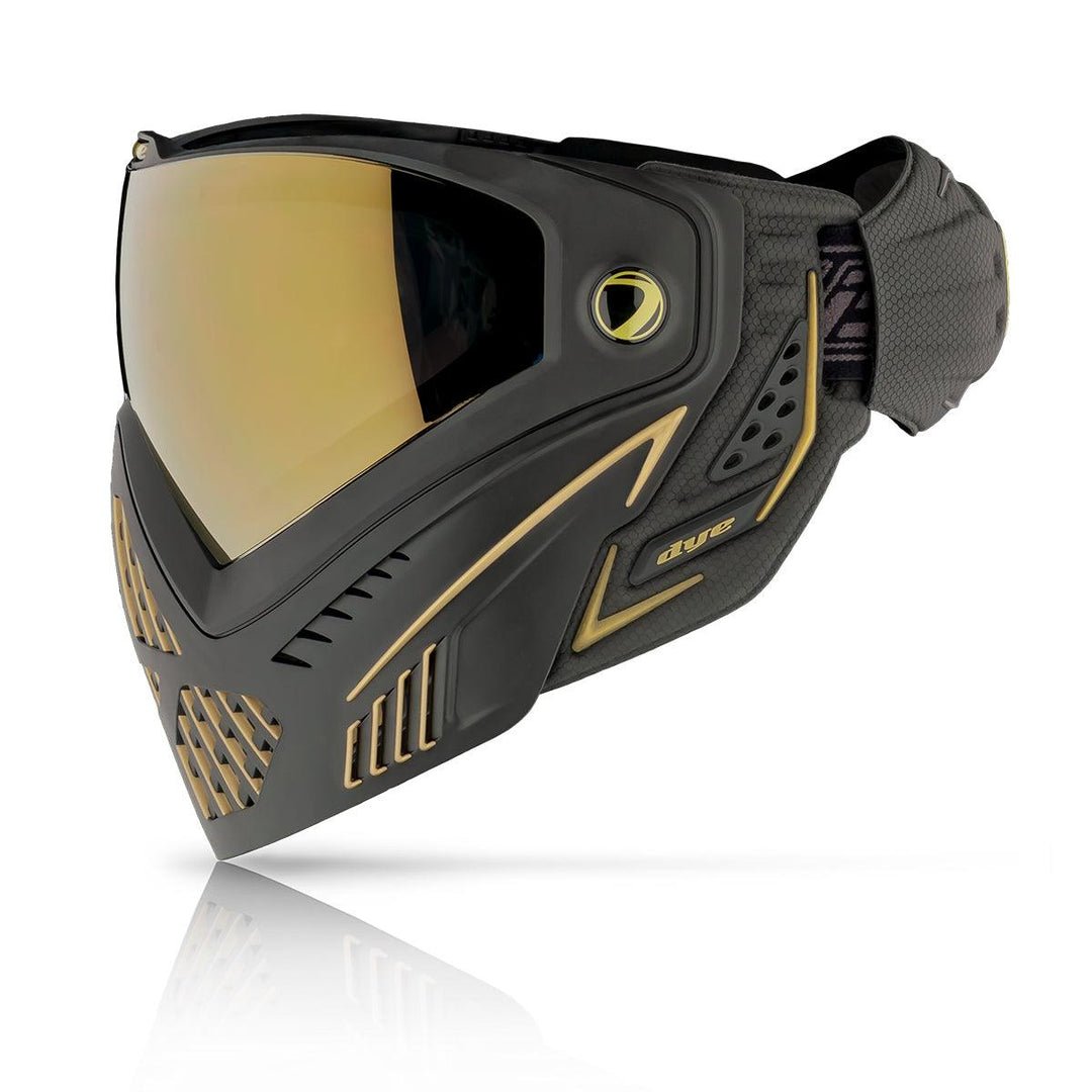 Black & Gold Dye I5 Pro Paintball and Airsoft Mask fitted with Dyenatium Thermal Lens - Side Profile