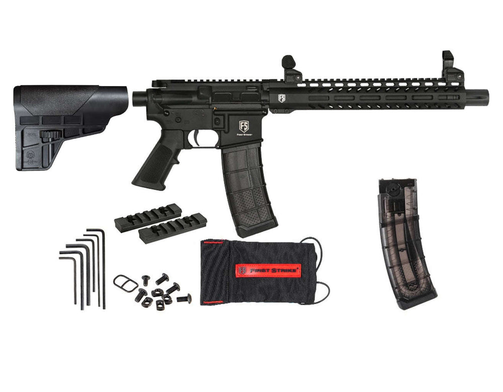 Black rifle with accessories on a white background