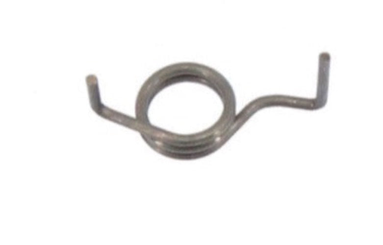 A silver-colored metal spring component, likely made of steel, with a circular loop at one end and a hook at the other.