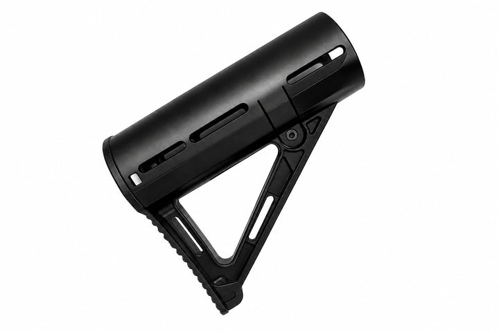 A black adjustable rifle stock buttstock with a textured rear ramp and molded slot details, shown on a solid white background.