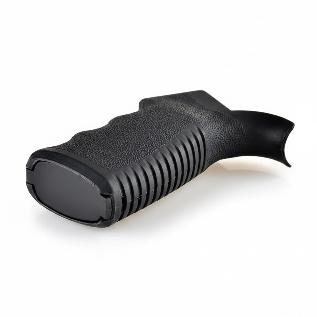 A black textured pistol grip with ribbed vertical grooves and a curved thumbhole, shown on a white background.