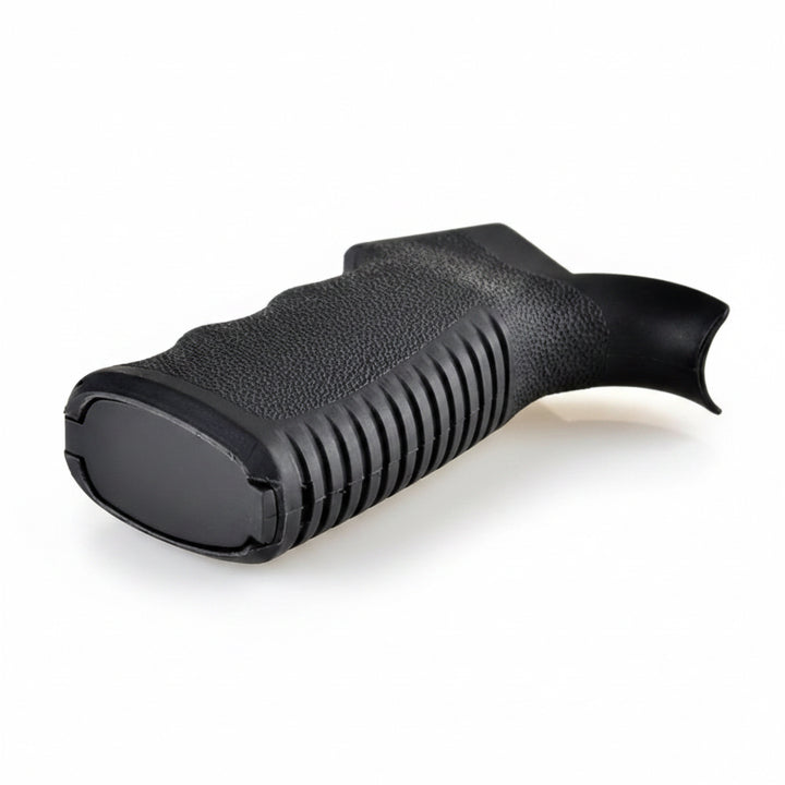 A black textured pistol grip with ribbed vertical grooves and a curved thumbhole, shown on a white background.