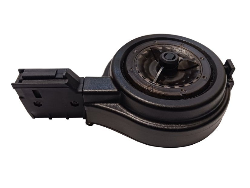 Black mechanical component on a white background