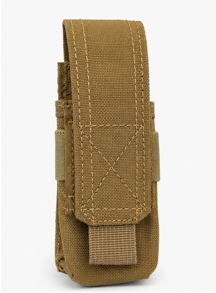 A tan tactical belt pouch with a single strap closure and reinforced stitching, shown on a clean white background.