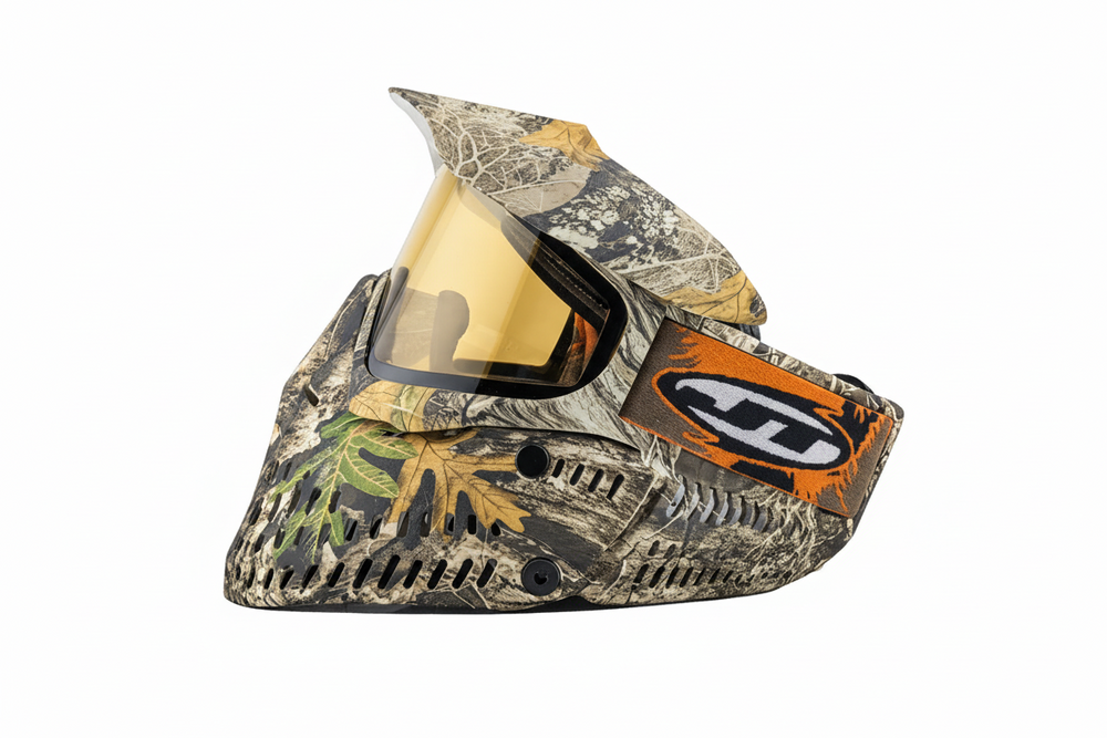Pro-Flex paintball mask with RealTree Edge camouflage on a black background
