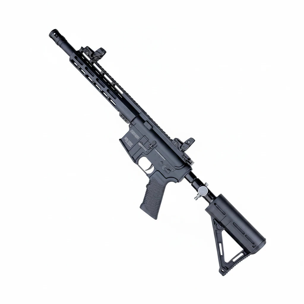 Three black replica M4-style rifles with scope and stock attachments are shown vertically on a white background, with the text 'T16.COM' at the bottom left.