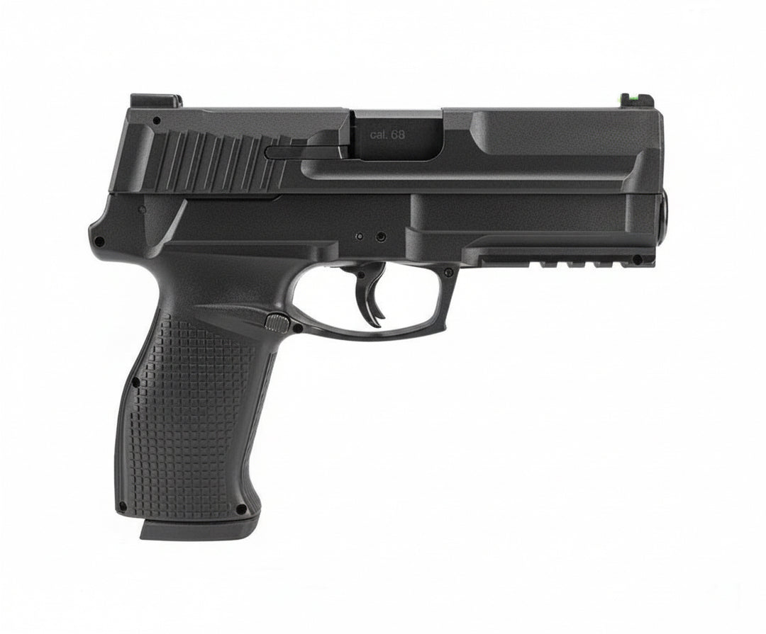 T4E Impax P68 paintball pistol with paintballs on a white background