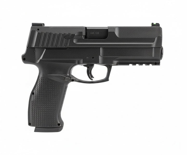 T4E Impax P68 paintball pistol with paintballs on a white background