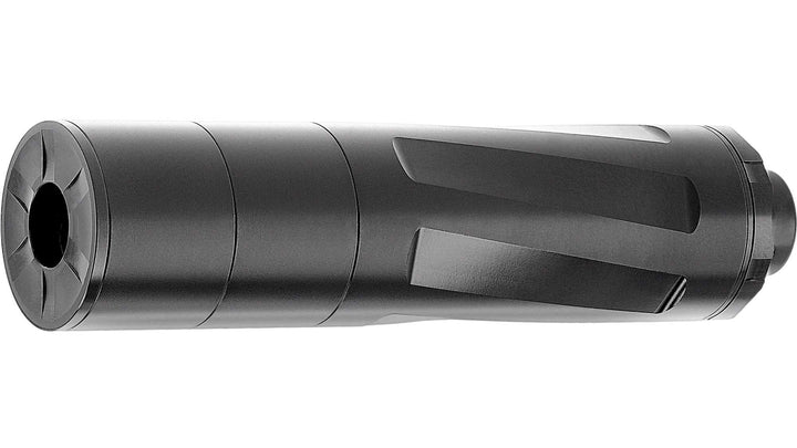 Black cylindrical object with a metallic finish on a white background
