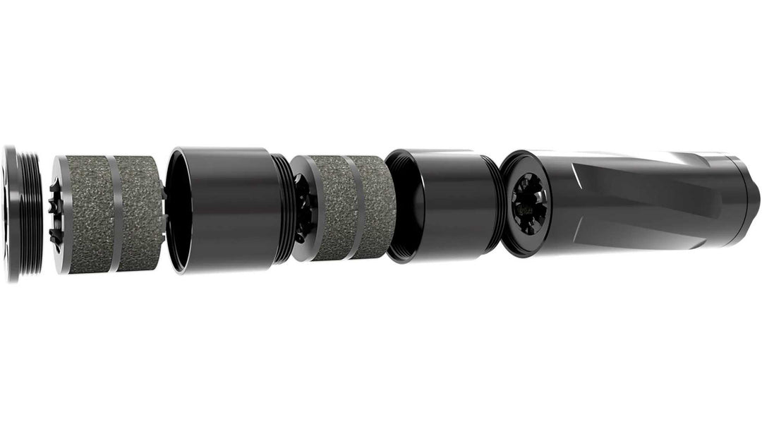 Black and gray cylindrical components on a white background
