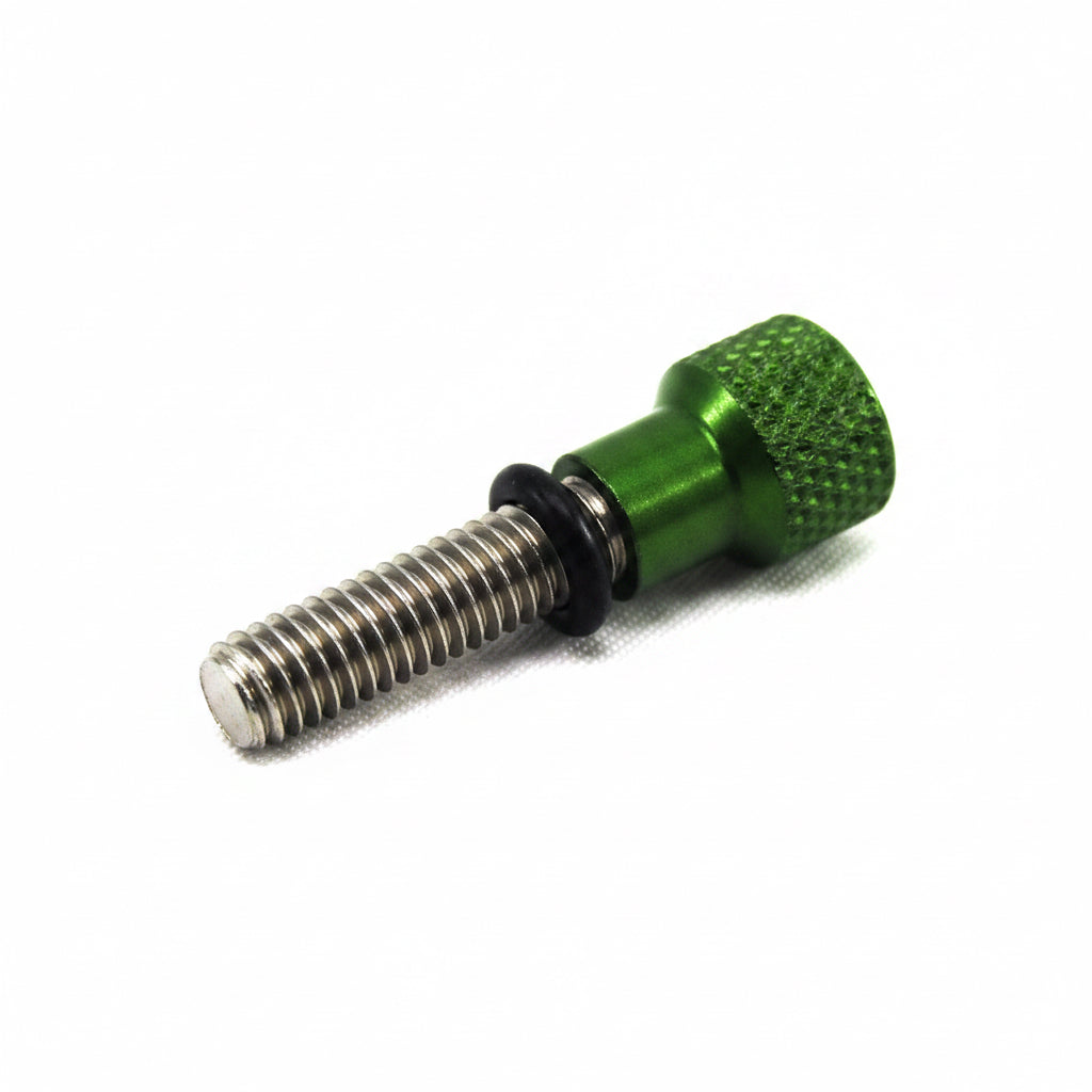 A small metal hardware component with a threaded silver bolt, a black ring, and a knurled green head, photographed on a plain white background.