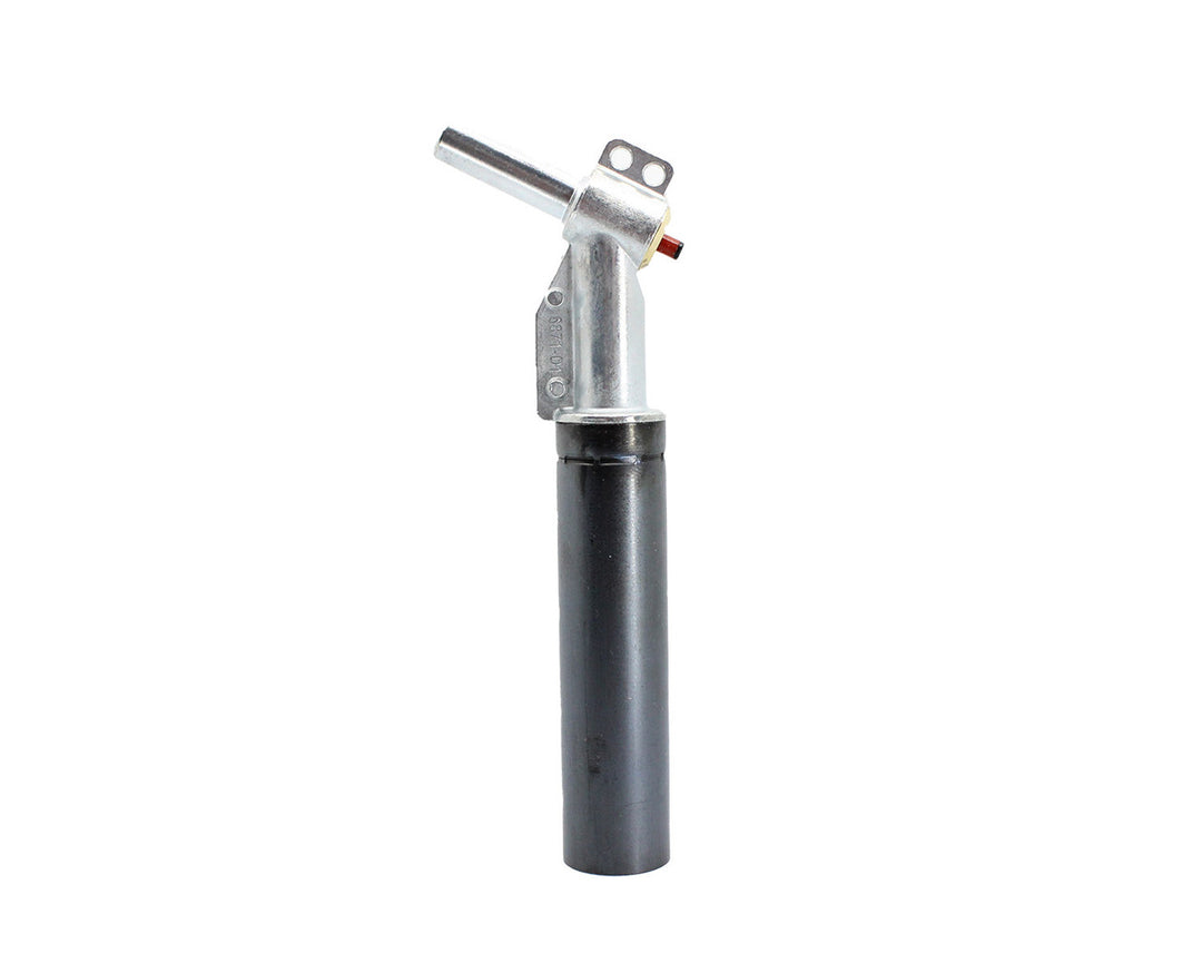A metal and black cylindrical mechanical part with a small red accent, isolated on a white background.