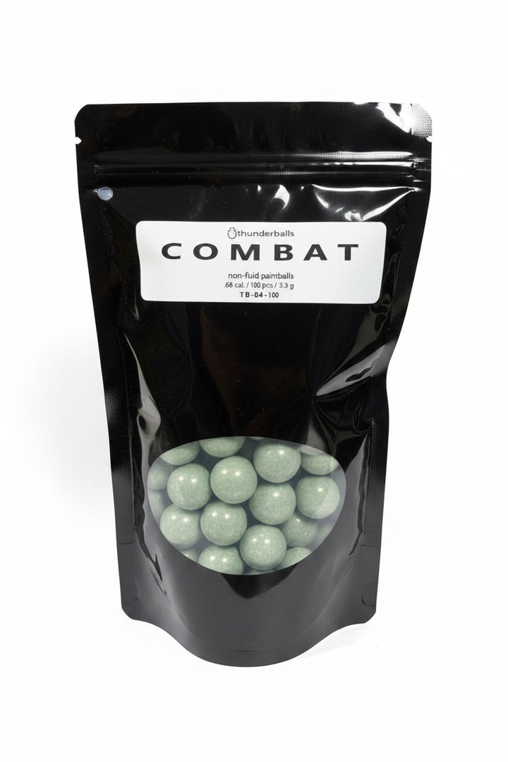 A black stand-up pouch labeled 'COMBAT' with a clear window showing pale green round pellets