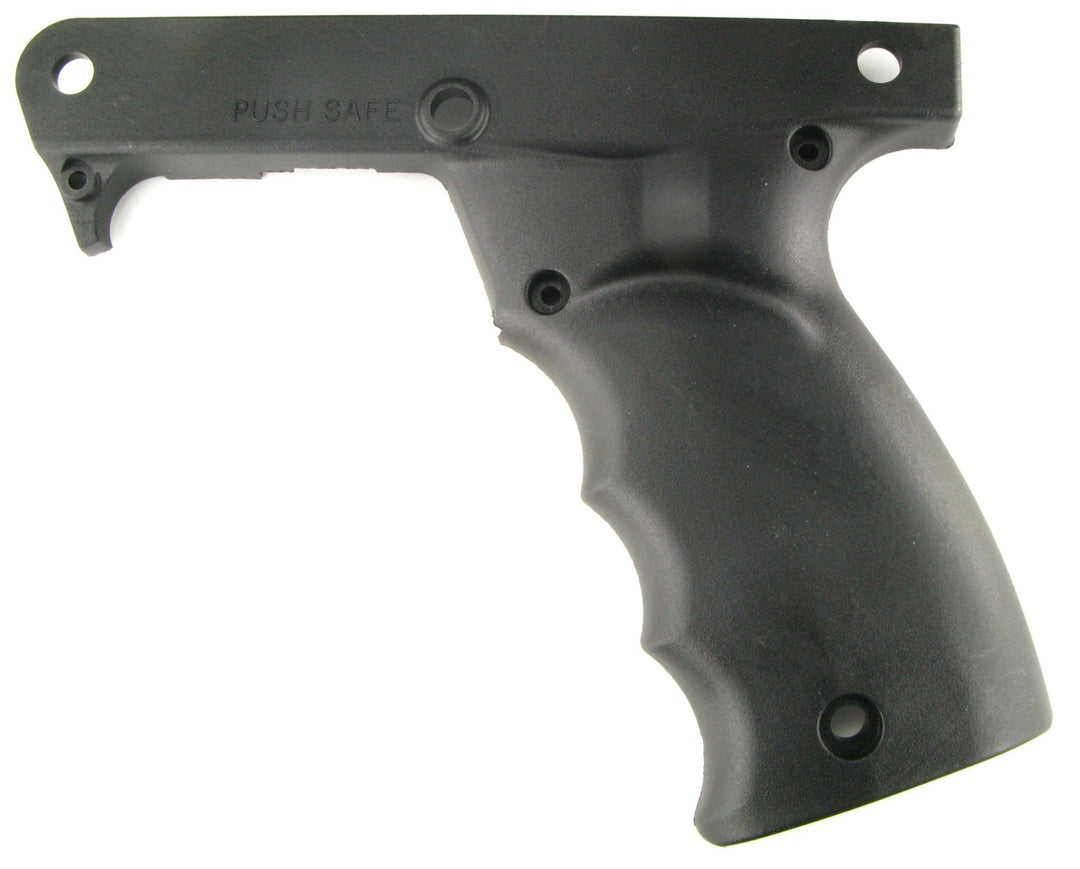 Black gun grip with 'Push Safe' text on a white background