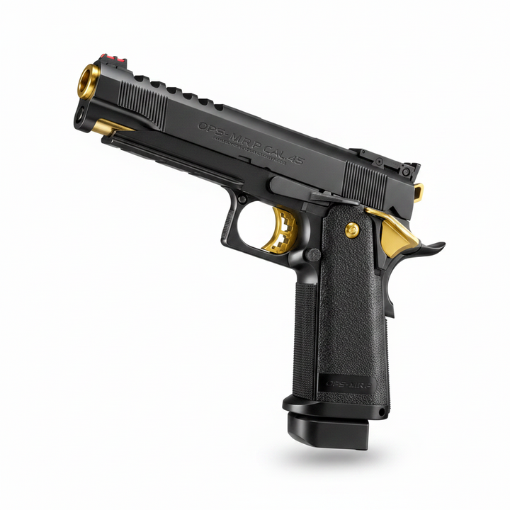 A black semi-automatic pistol with gold accents, including the trigger guard, magazine base, and tip, and a red front sight, shown against a plain white background.