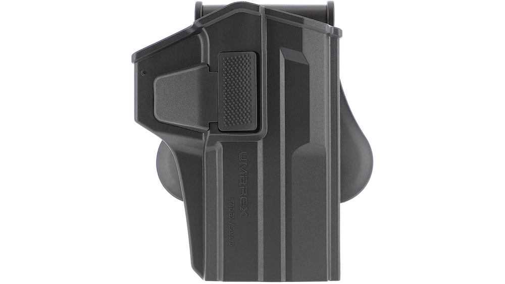 Black tactical holster on a white background