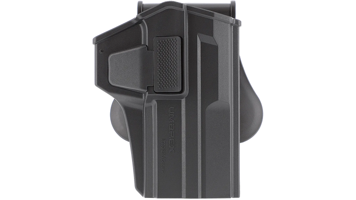 Black tactical holster on a white background