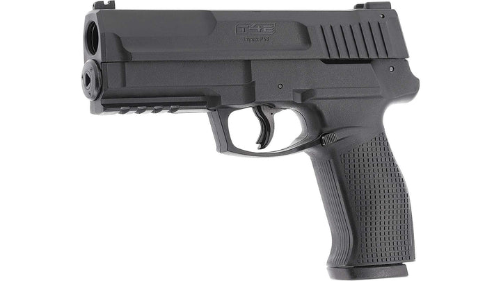Black handgun on a white background