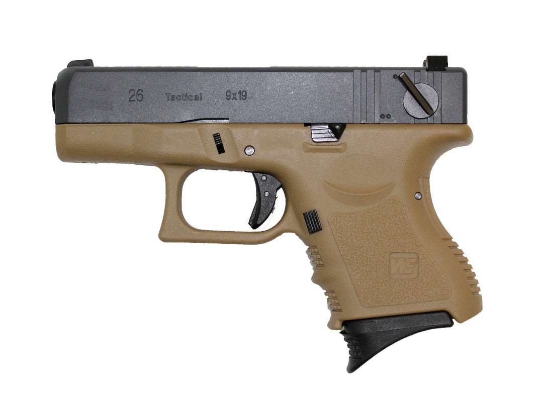 A tactical pistol with a tan polymer frame and grip, and a dark gray metal slide, shown against a plain white background.