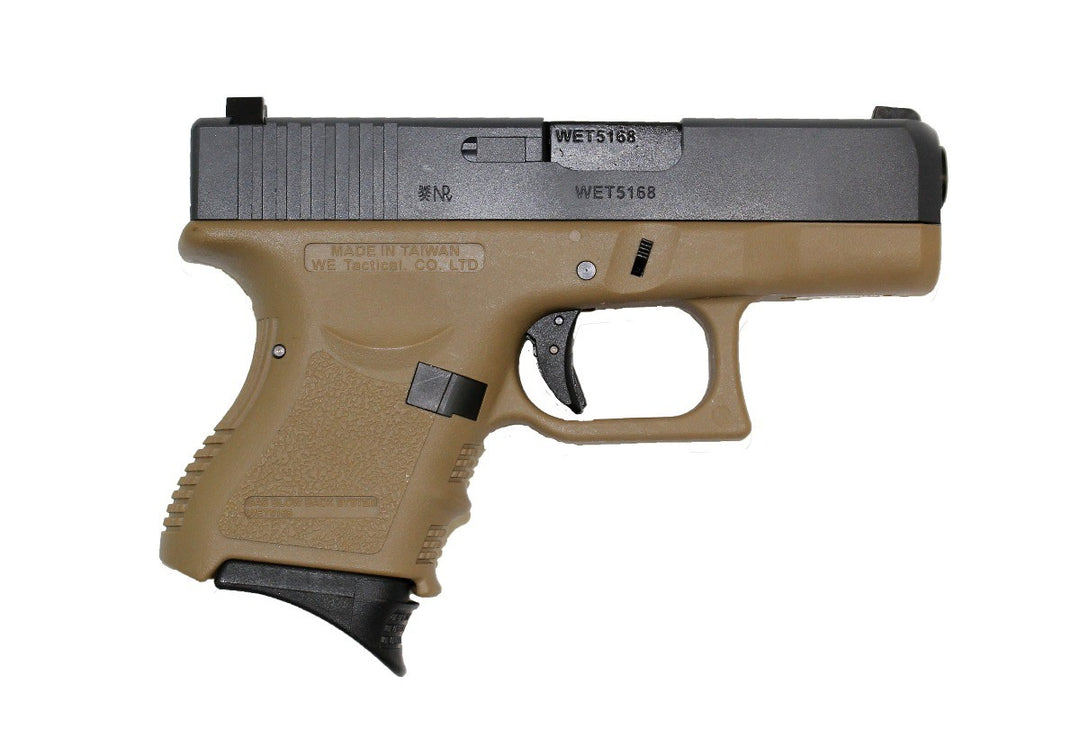 A semi-automatic pistol with a tan/gunmetal body and black grip, shown from the side against a plain white background.