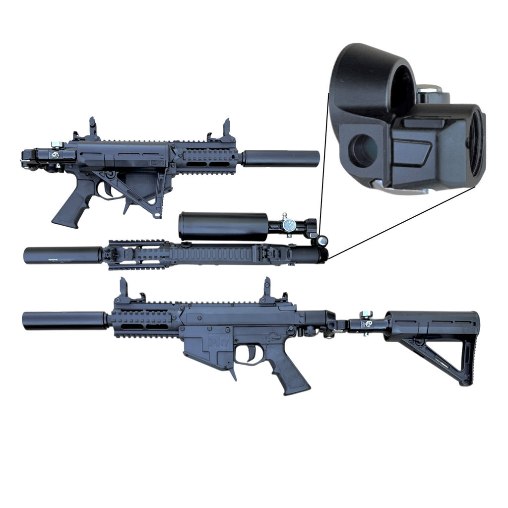 Black folding rifle adapter kit shown with three exploded views of a rifle and a close-up of the adapter, labeled 'M17 M5 CQMF D168 FOLDING ADAPTER' on a white background, with MCSUS.COM branding.