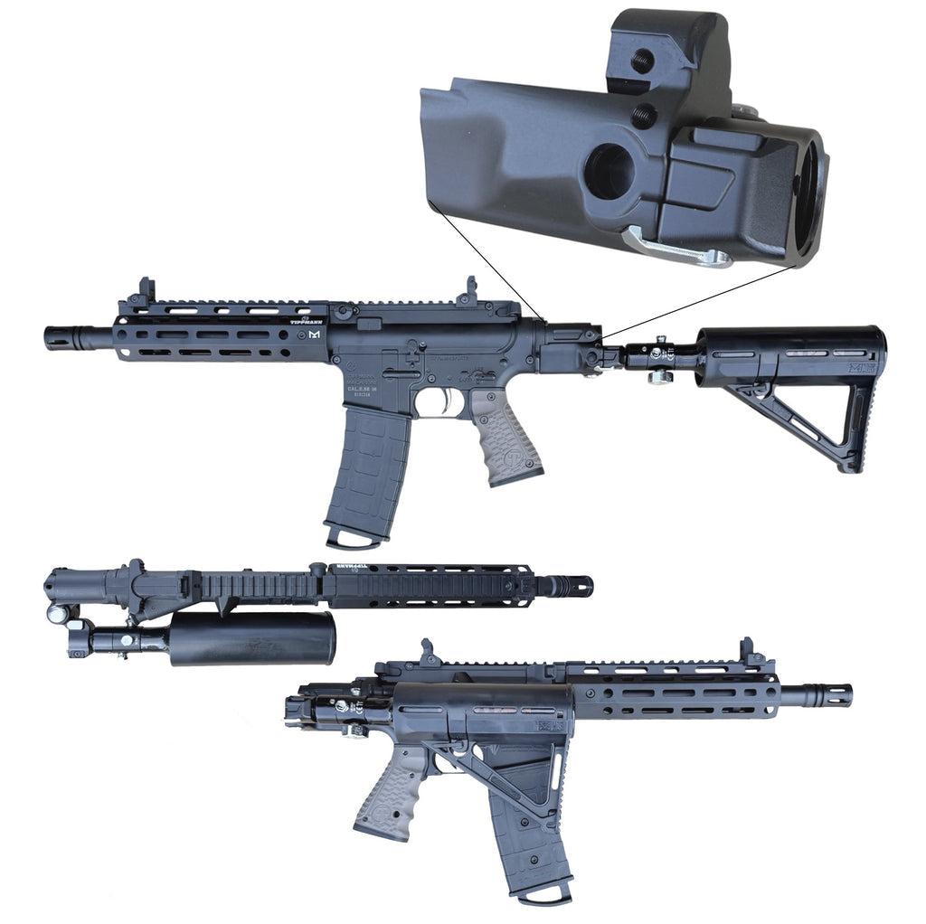 Tippmann TMC folding air adapter shown in three views on a white background, including an inset close-up of the adapter and the text 'TIPPMANN TMC FOLDING AIR ADAPTER' and 'MCSUS.COM'.