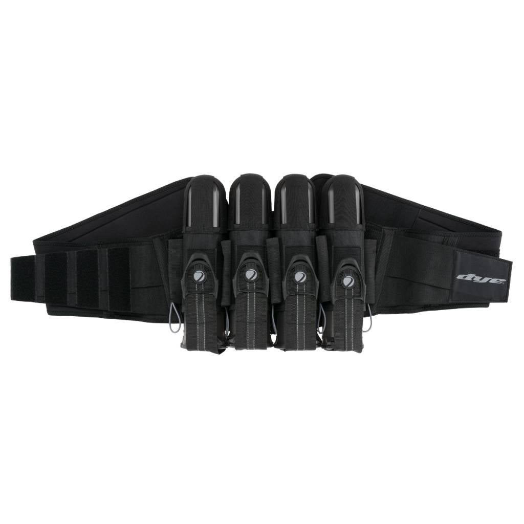 A black tactical paintball waist belt with four vertical magazine pouches, shown against a plain white background.