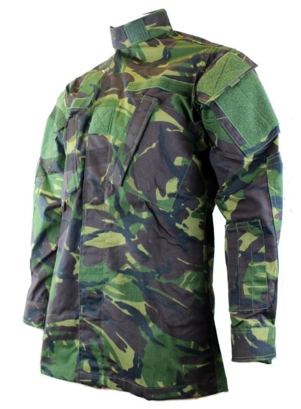 Military Jacket which closes up to the neck with buttons and Velcro fasteners. Manufactured in British Disruptive Pattern Camo and from made from Rip Stop cotton