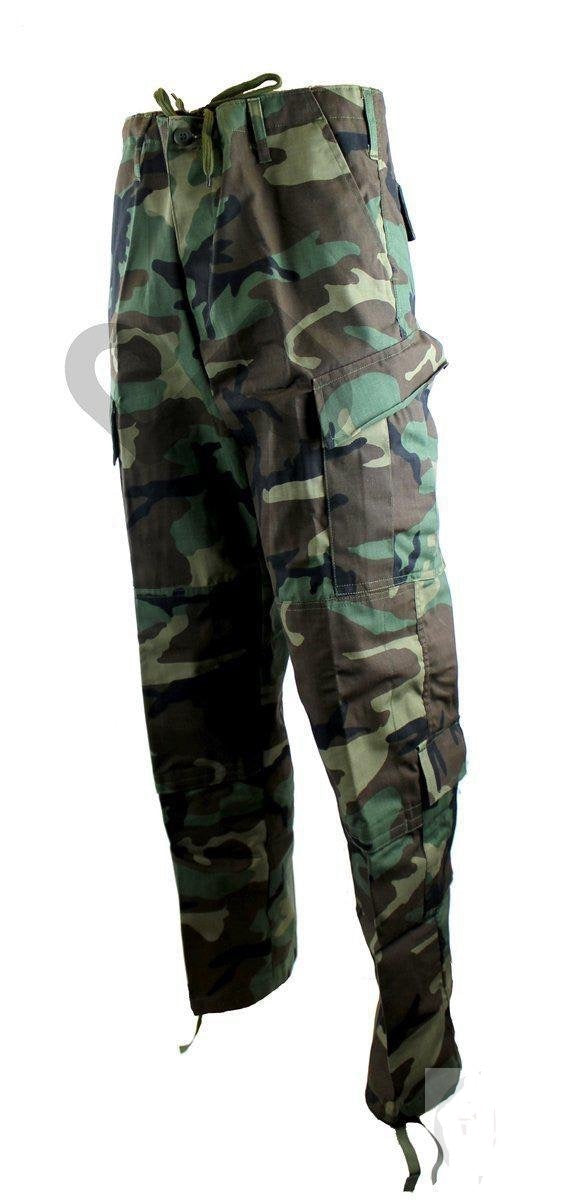 Military Trousers made from heavy duty nylon cotton blend (ripstop cotton), reinforced in the seat and knees, made with eight pockets and these come in Woodland Camo. Sizes from  Small to 4XL