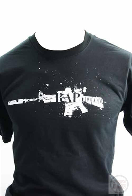 RAP4 Black Tshirt with white splatter Rifle Print
