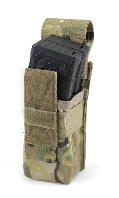 Strong Nylon Cordura pouch in Multicam Camo. Holds x 2 Magazines or 1 x 13 ci Air Tank. Fits using a Molle system